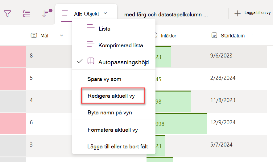 Skärmbild av hur du väljer redigera aktuell vy