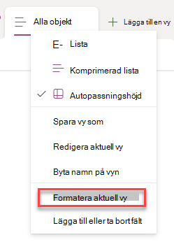 skärmbild av att välja formatera aktuell rad