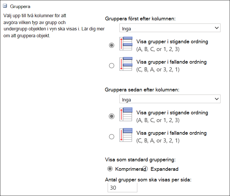 skärmbild av gruppering med upp till två kolumner.