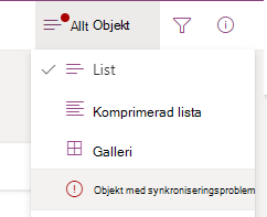Välj alternativet Objekt med synkroniseringsproblem på menyn Växla vyalternativ.
