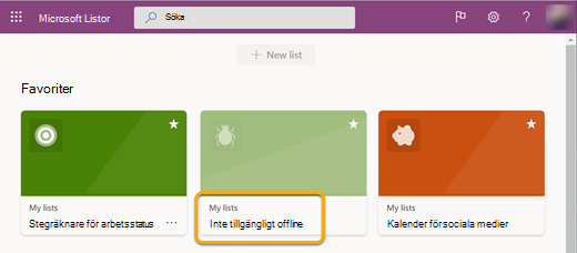 När du arbetar offline är en lista som inte synkroniseras med enheten märkt otillgänglig eftersom du inte kan öppna den.