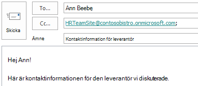 E-postmeddelande med webbplatspostlådan i fältet Kopia.