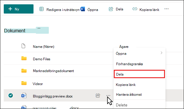 Börja dela ett dokument i ett SharePoint-bibliotek