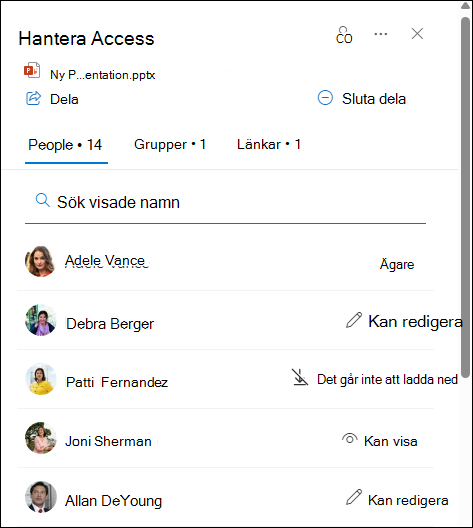 På hovringskortet visas personer som delar dokumentet