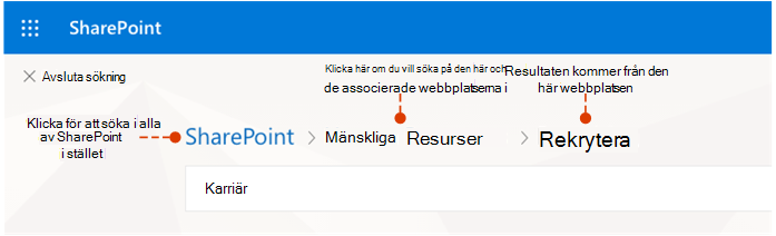 Skärmbild som visar var resultat kommer från och alternativa sökplatser
