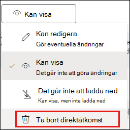 Skärmbild av delningsbehörigheter med Ta bort direkt åtkomst markerat.