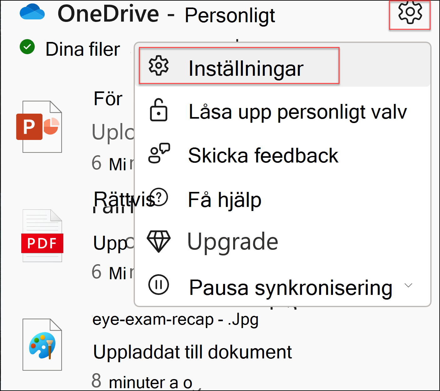 skärmbild av oneDrive-inställningar