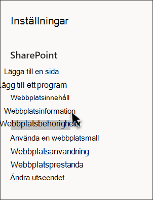 Skärmbild av SharePoint-inställningar med Webbplatsinformation markerat