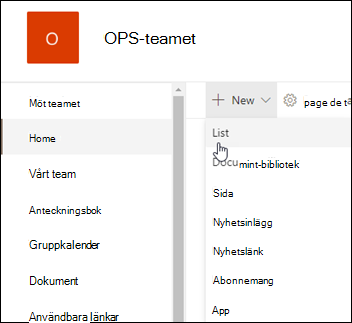 SharePoint ny lista