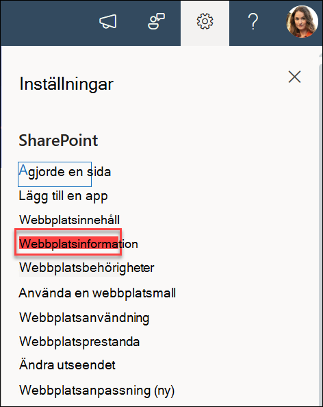 Alternativet Webbplatsinformation i dialogrutan Inställningar.