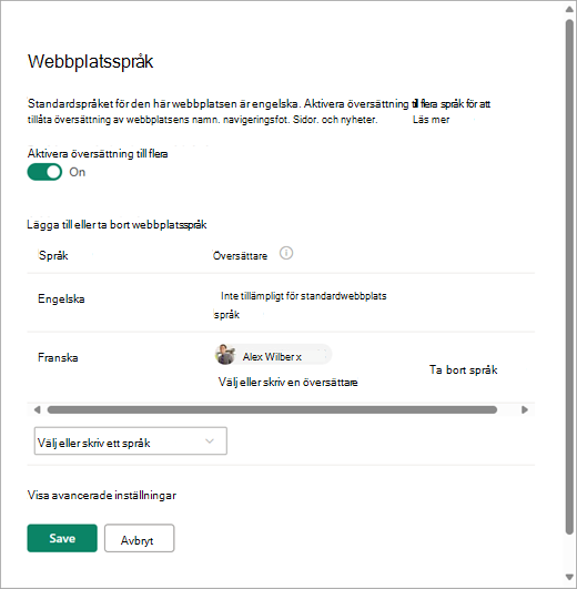 Skärmbild som visar sidan Webbplatsspråk i SharePoint.