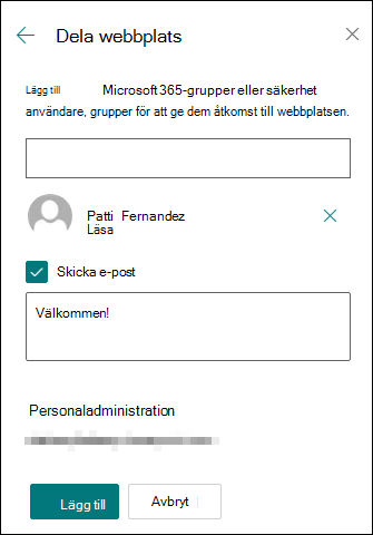 Förhandsgranskning av behörighetspanelen för resurswebbplatsen