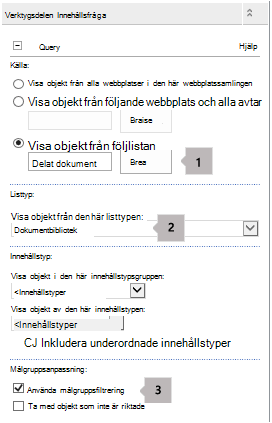 Egenskapslista för Webbdel för innehållsfråga med tre bildtexter