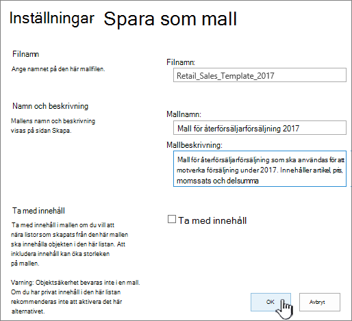 Sidan Spara som mall