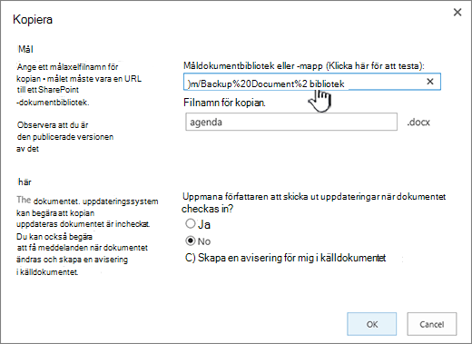 Dialogruta för Kopiera med URL markerad.
