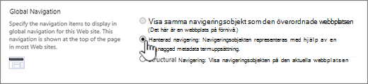 Globala navigeringsinställningar med hanterad navigering markerat