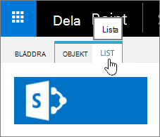 Fliken Lista vald i menyfliksområdet