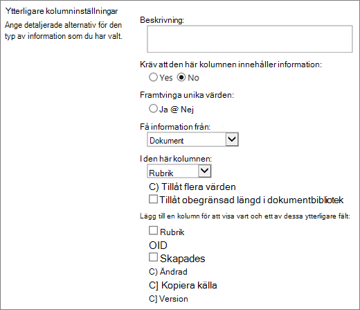 Dialogrutan med alternativ för uppslagskolumn