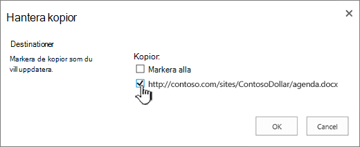 Välj målkopior som ska uppdateras