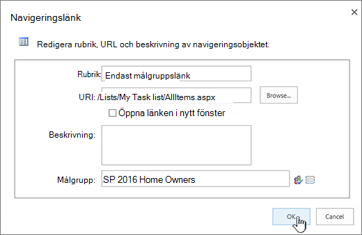 Egenskaper för navigeringslänk med OK markerat.