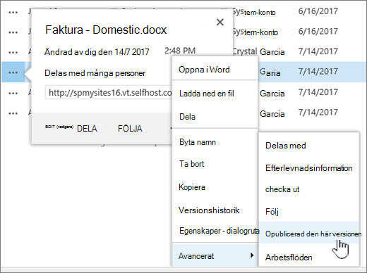 Klicka på Avpublicera den här versionen