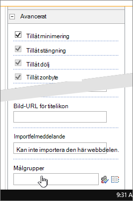 Avsnitt med avancerade webbdelsegenskaper med Målpublik markerat