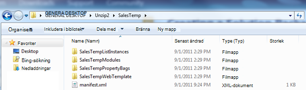 Skärmbild av Windows Explorer som visar en uppackad wsp-fil (Web Solution Package).