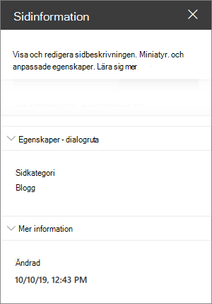 Fönstret Sidinformation med kategorin Sida på bloggen