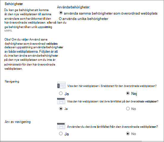 Nedre delen av dialogrutan Skapa webbplats