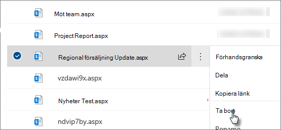 Kommandot Ta bort bredvid markerad sida