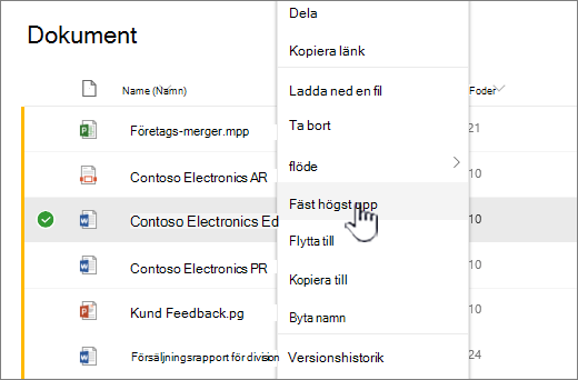 Klicka på Fäst högst upp för att markera ett dokument
