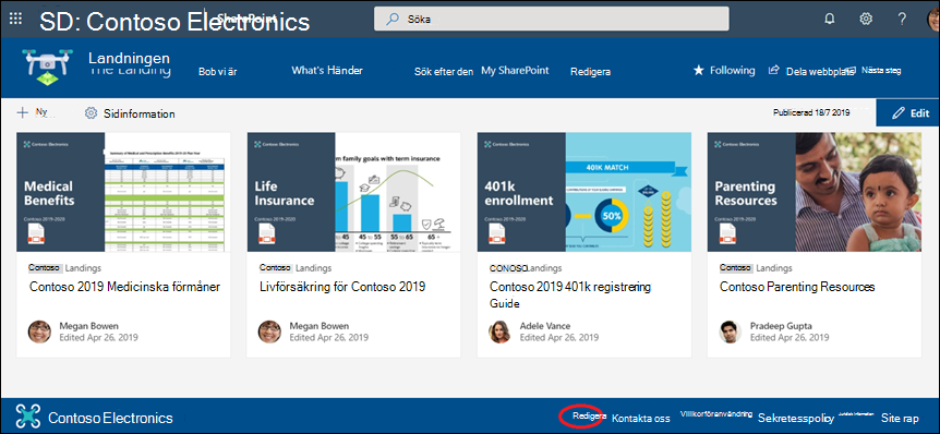 Lägga till eller redigera länkar och etiketter i sidfoten på en SharePoint-kommunikationswebbplats.