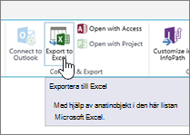 Knappen Exportera till Excel markerad i menyfliksområdet i SharePoint