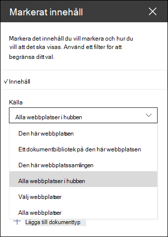 Verktygsfönstret för webbdelen Markerat innehåll