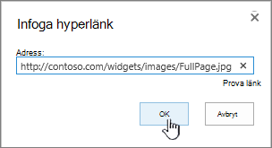 Dialogrutan Hyperlänk med webbadressen och knappen OK markerade
