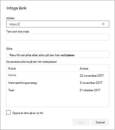 Dialogrutan Infoga länk