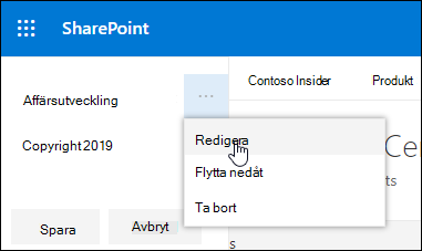Redigera befintlig länk eller etikett i en sidfot på en SharePoint-kommunikationswebbplats.