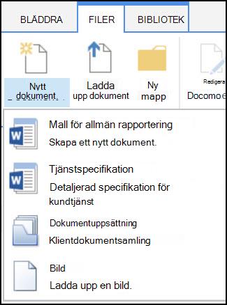 Nytt dokument-menyn med anpassade innehållstyper i en SharePoint