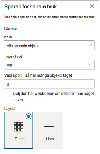 Egenskapsfönstret Sparat till senare