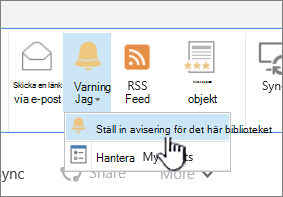 Fliken Bibliotek med Ställ in avisering för det här biblioteket markerat