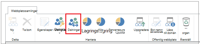 Menyfliksområdet i SharePoint Online-administrationscentret med knappen Dela