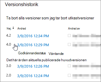 Versionshistorik med en delversion borttagen