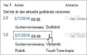 Knapp för meny för versionshistorik
