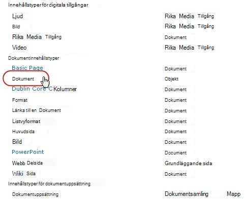 Dokumentinnehållstyper med markerad typ