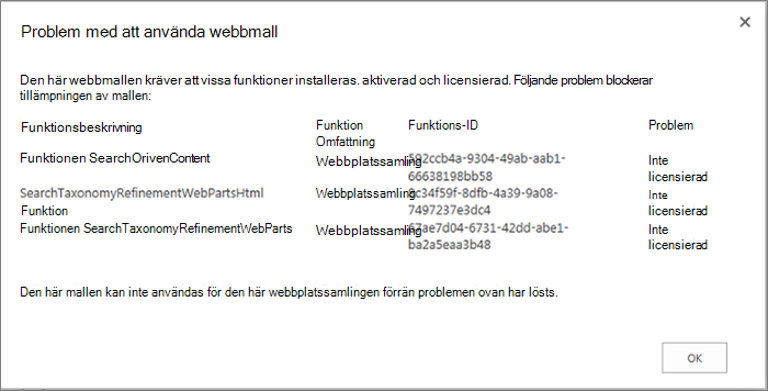 Skärmbild av ett felmeddelande som visar ett fel som kan uppstå om ej tillgängliga funktioner gör så att du inte kan skapa webbplatser i SharePoint Online.