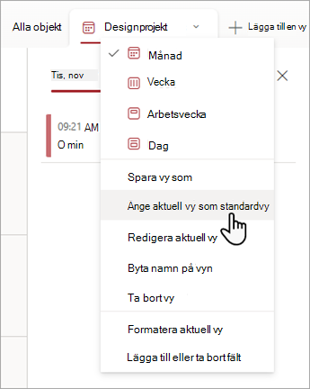 Skärmbild som visar hur du väljer kommandot Ange aktuell vy som standard i Listor.