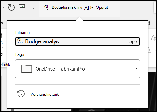 Den nedrullningsbara menyn från dokumentrubriken i Word för Office 365