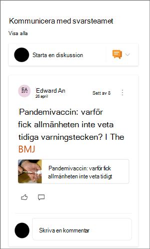 Bild av yammer-webbdelen med en exempelkonversation.