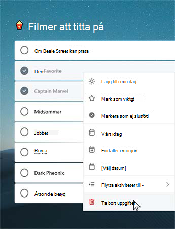 I listan Filmer att titta på markeras två slutförda uppgifter. Snabbmenyn är öppen med alternativet Ta bort uppgifter markerat