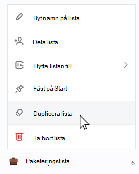 Paketeringslista markerad med snabblistan öppen och Dubblettlista markerat